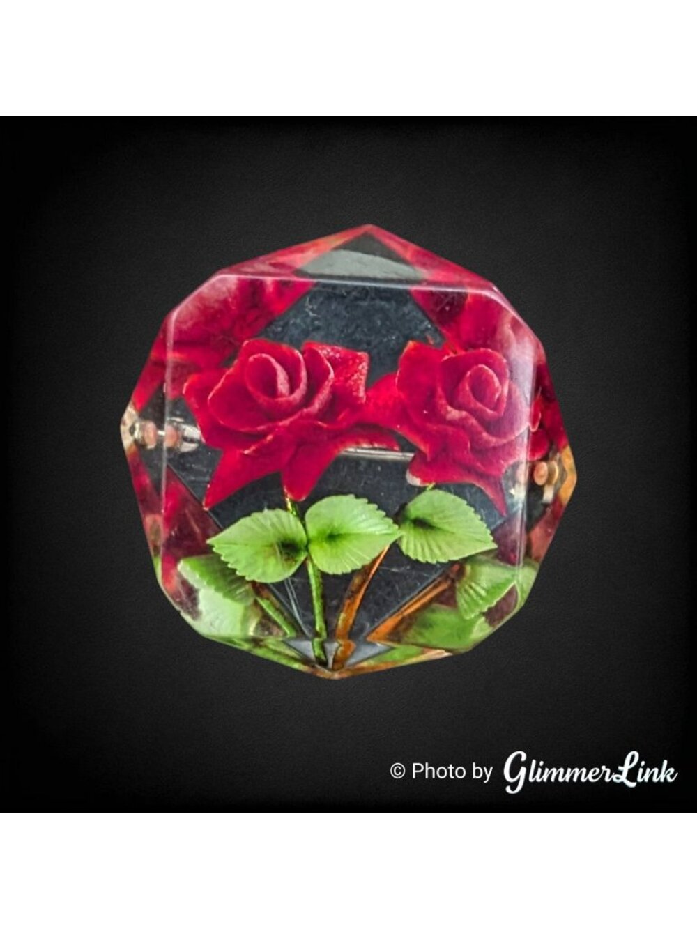 Vintage Reverse Carved Lucite Red Rose Faceted Octagon Brooch Pin